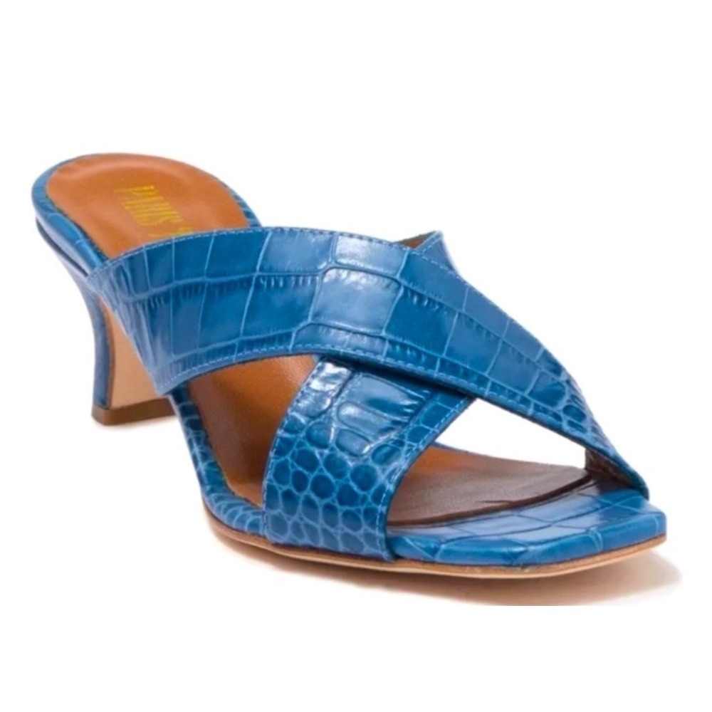Paris Texas Blue Crocodile Embossed Crisscross Mule Sandals Kitten Heel 5.5